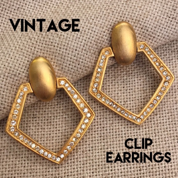 Vintage Matte Gold & Rhinestone Clip Earrings Mod - Picture 4 of 13